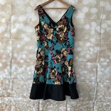 Nine West Floral A-Line Dress Sleeveless Knee Length Teal Black Size 14