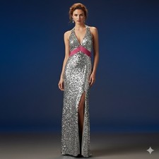 CLEARANCE WAS $335 Tiffany Designs Glittering Silver Gown Pink Accent Size 10