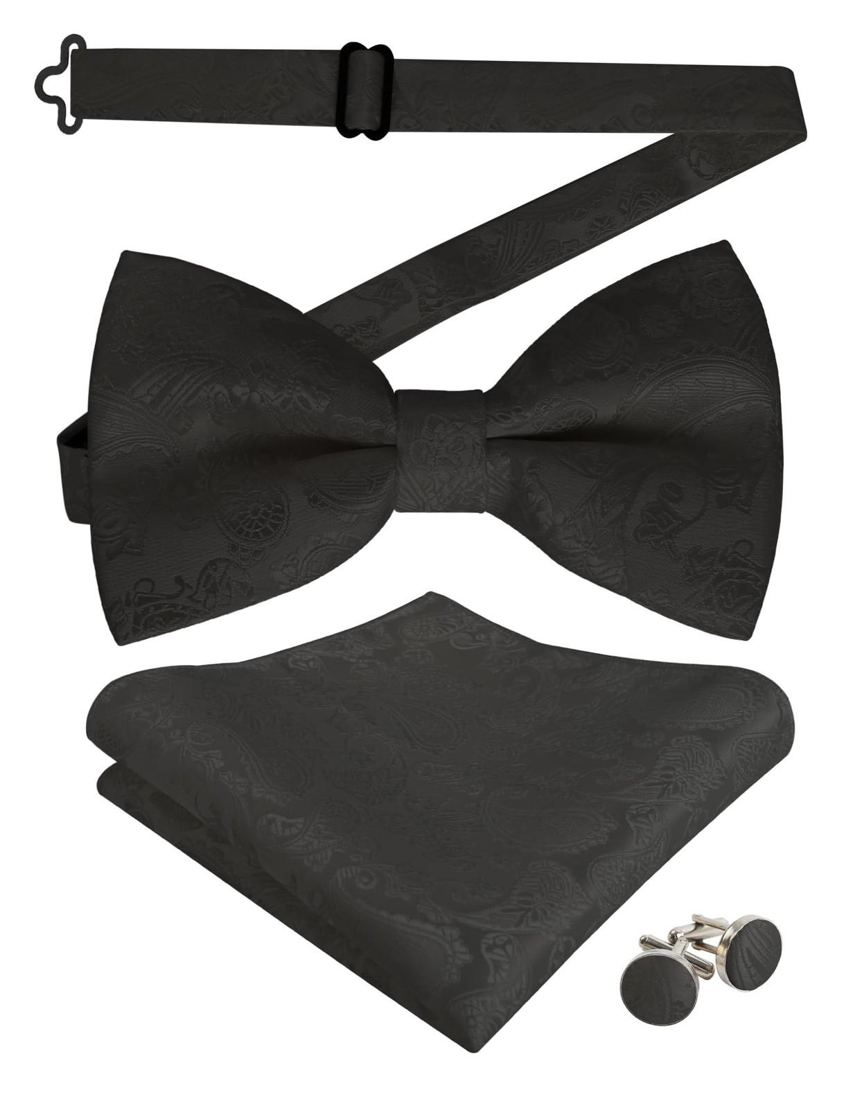 Men's Paisley Bow Tie, Hanky and Cufflinks Set One Size, 168-black