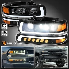 Fits 1999-2002 Chevy Silverado 1500 2500 LED Projector Headlights+Bumper Lamps