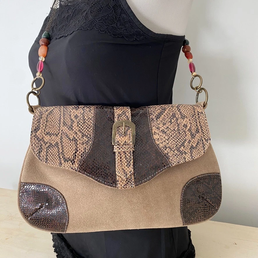 Cartera de cuero gamuza vintage Spiegel para mujer cadena con cuentas piel de serpiente estampado boho Foto 3 de 4