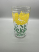 Vintage Boscul Peanut Butter glass with a vibrant Yellow Hibiscus pattern