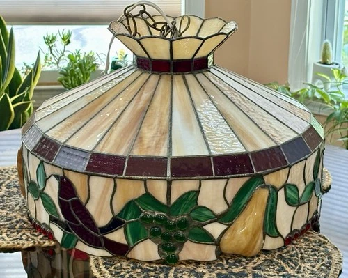 Vintage Stained Glass Tiffany Style Light Fixture Chandelier 20" Birds & Grapes