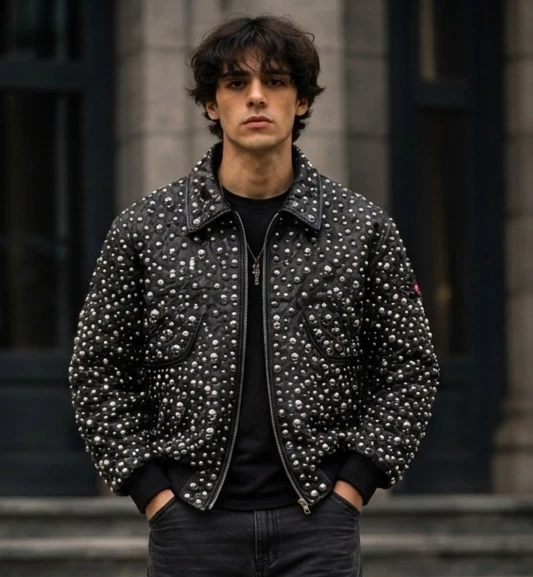 Men's Genuine Leather Studded Biker Jacket Punk Rock Motorcycle Black Jacket - product detail image 1