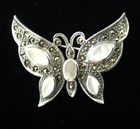 Art Deco Sterling Silver Mother of Pearl Marcasite  Butterfly Bug Brooch Pin New