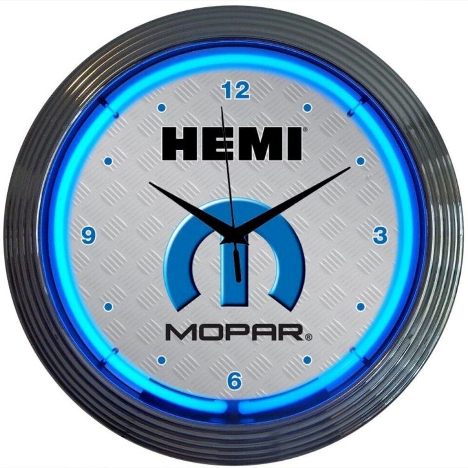 Mopar Hemi Logo White Face Blue Neon Hanging Wall Clock 15" Diameter 8MPHEM