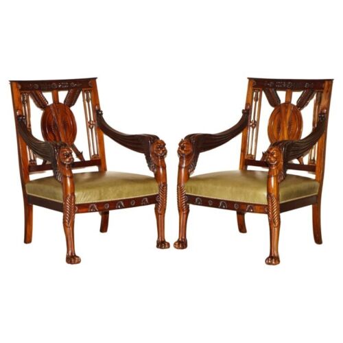 EXQUISITE PAIR OF HAND CARVED MAHOGANY LIBRARY ARMCHAIRS LION GRIFFON WING ARMS - Picture 1 of 24