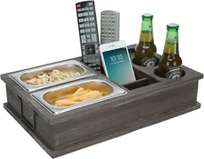 MyGift Vintage Gray Wood All in One Couch Snack Caddy with Remote Control Slots