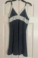 NEW Ekouaer Women's Sz L  Polka Dot Blue White  Spaghetti Strap Nightgown Lace 