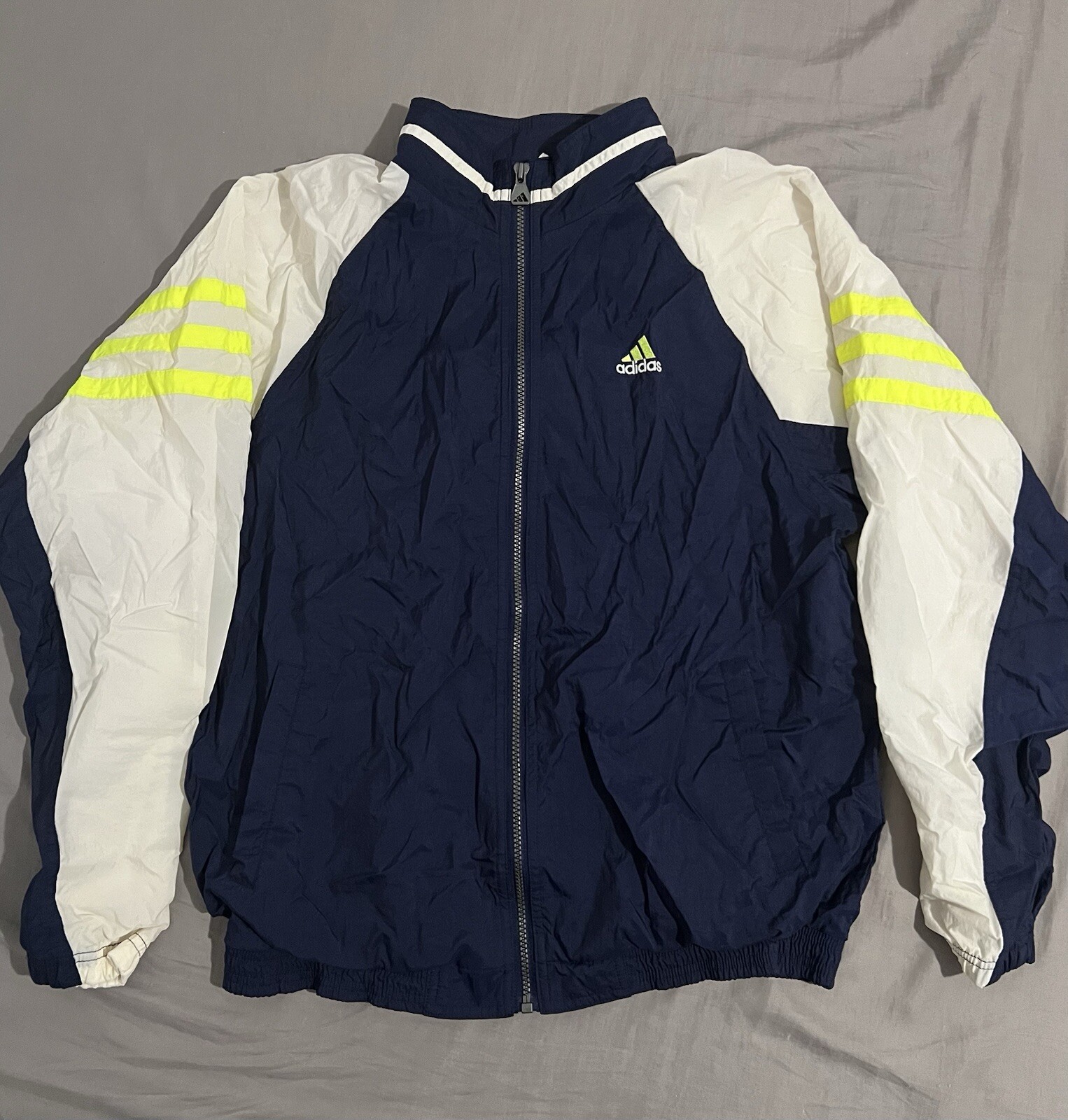 Vintage 90’s Adidas Windbreaker Sport Jacket Navy Blue And Neon Size S Y2K Track