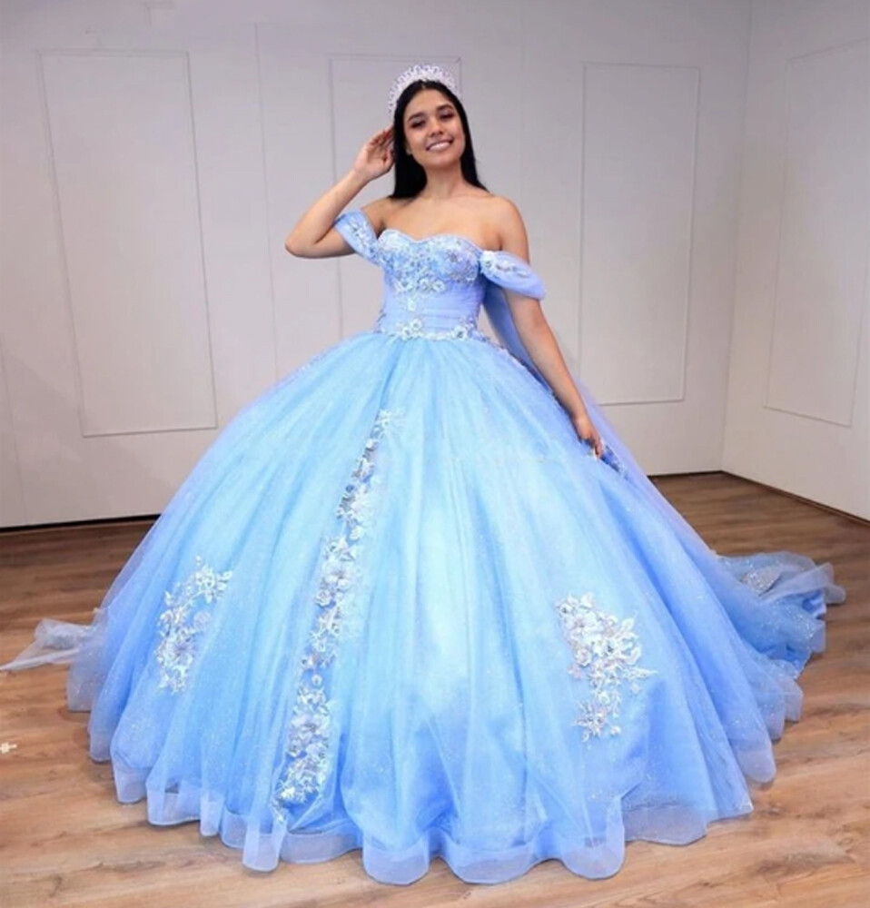 Sky Blue Quinceanera Dresses Off Shoulder Beaded 3D Floral Sweet 15 16 Ball  Gown | eBay
