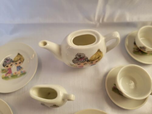 14 PIECE Vintage Japan Porcelain Child’s Tea Set Boy Girl Pick Flowers Black Bun - Picture 8 of 9