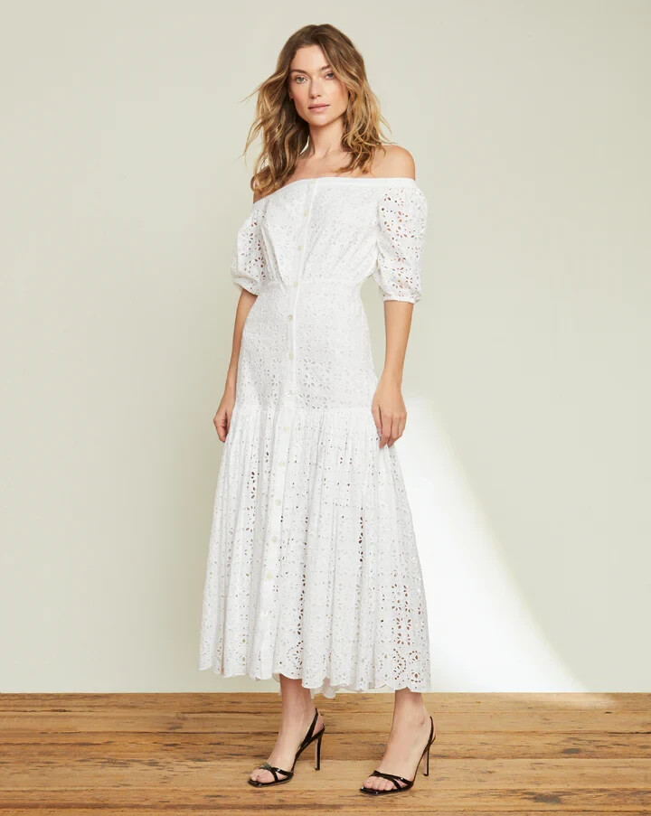 Veronica Beard Women's ALI EYELET DRESS Off the Shoulder Midi