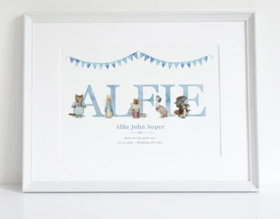 LEXI'S LITTLE PRINTS Peter Rabbit Personalised New Baby Name Birth Nursery Print ChristeningUNFRAMED