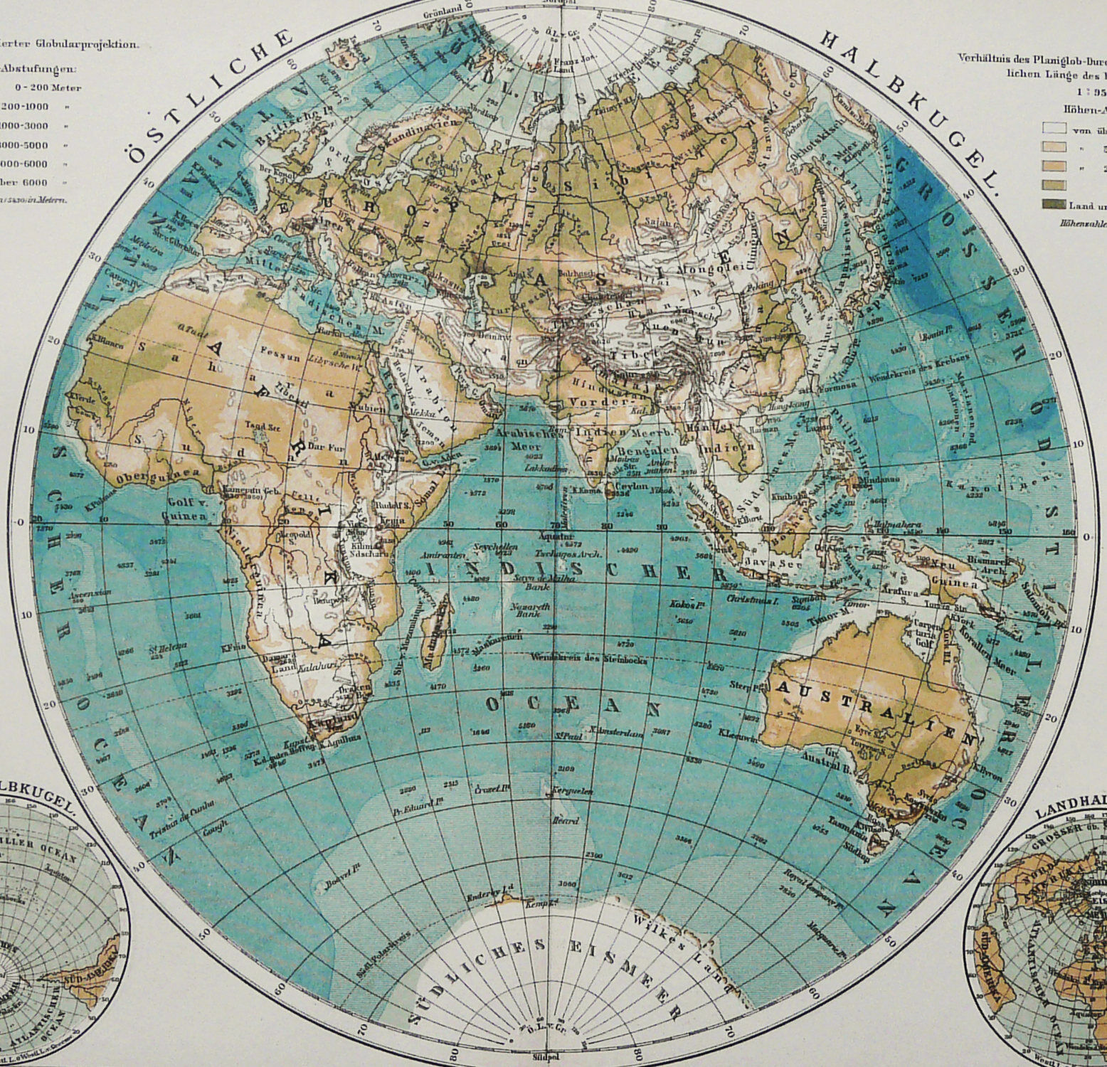 1895 Antique WORLD MAP of Europe, Africa, Asia, Oceania. Mappa Mundi. 126  years