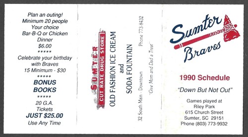 1990 SUMTER BRAVES (Minors) Drug Store Regular Season POCKET SCHEDULE NM - 第 1/1 張圖片
