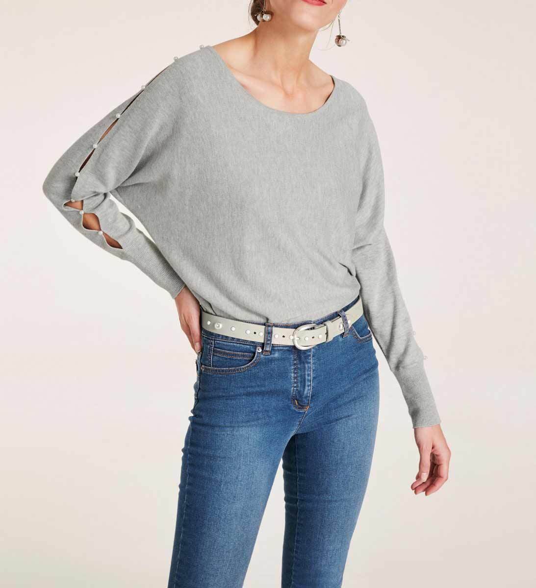 Heine Damen Feinstrickpullover mit Perlen, grau-melange