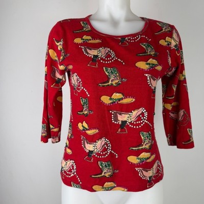 VTG Take Two Womens Red Western Sequin Cowboy Boot Hat Top Cotton Knit SZ M