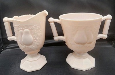 Jeanette Shell Pink Milk Glass Cream & Sugar Baltimore Pear Pattern Vtg 50's 5''