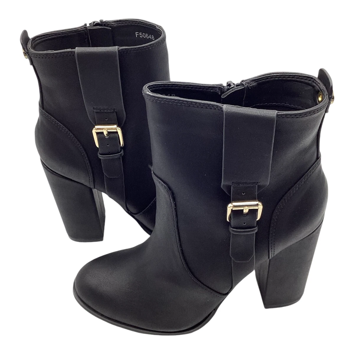 Anne Michelle Mujer Botines UK 3 Negro Imitación Cuero Bloque Tacón Hebilla Correa
