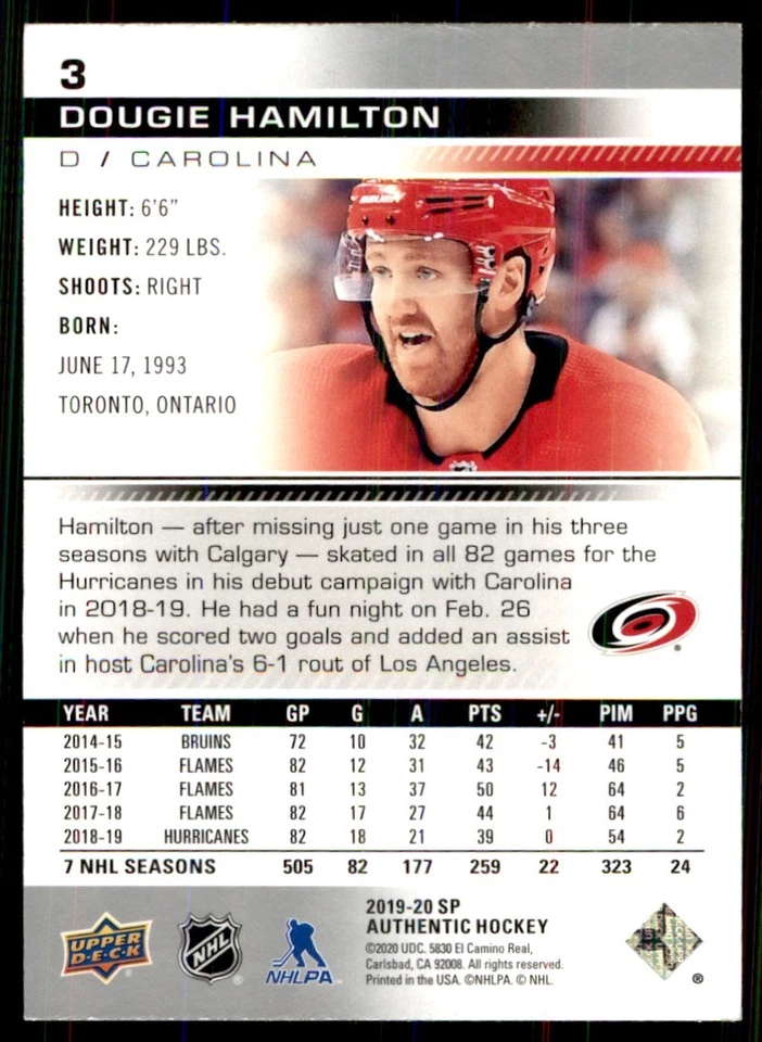 2019-20 SP Authentic Dougie Hamilton #3 - Image 2 of 2