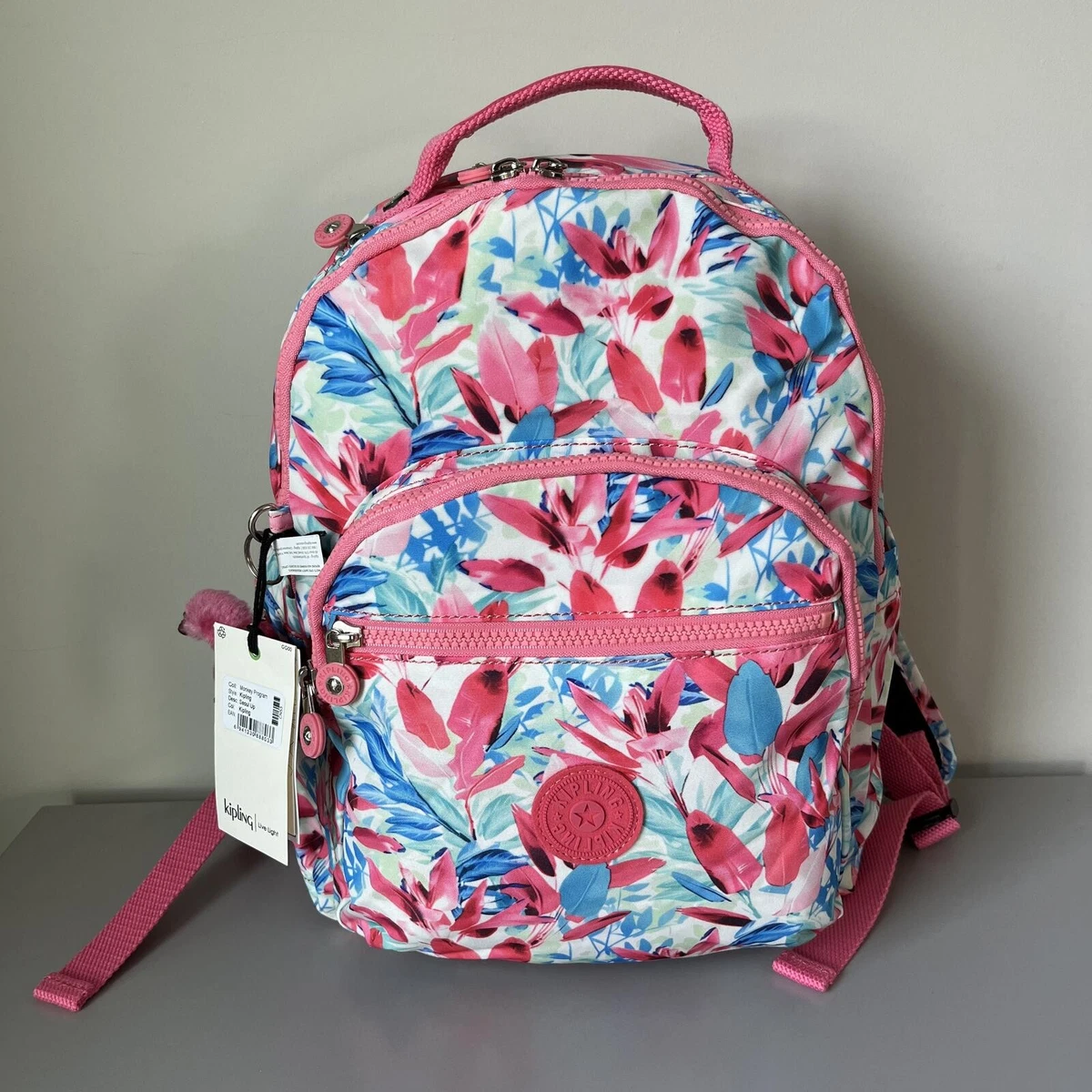 Kipling Floral Canvas Backpack in Blue Pink Red Cream Kipling Seoul Large 15 main image 3