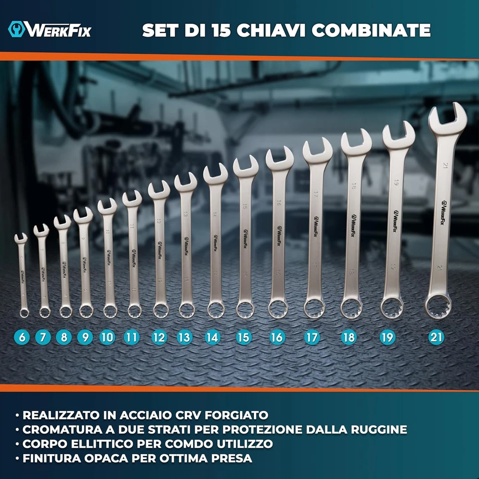 Set 15 Chiavi Inglesi Combinate Anello E Forchetta 6-21 Mm. Chiavi a Forchetta F - Immagine 2 di 4