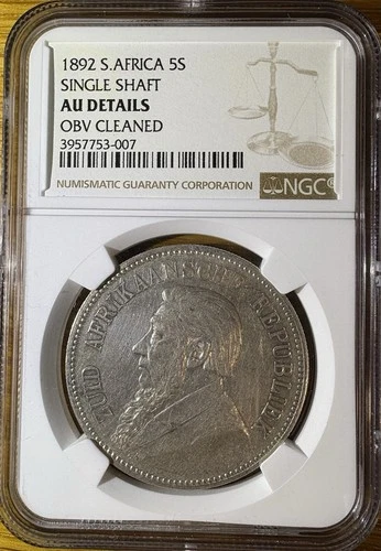 1892 South Africa 5 Shillings Single Shaft Graded NGC AU Details Silver Coin