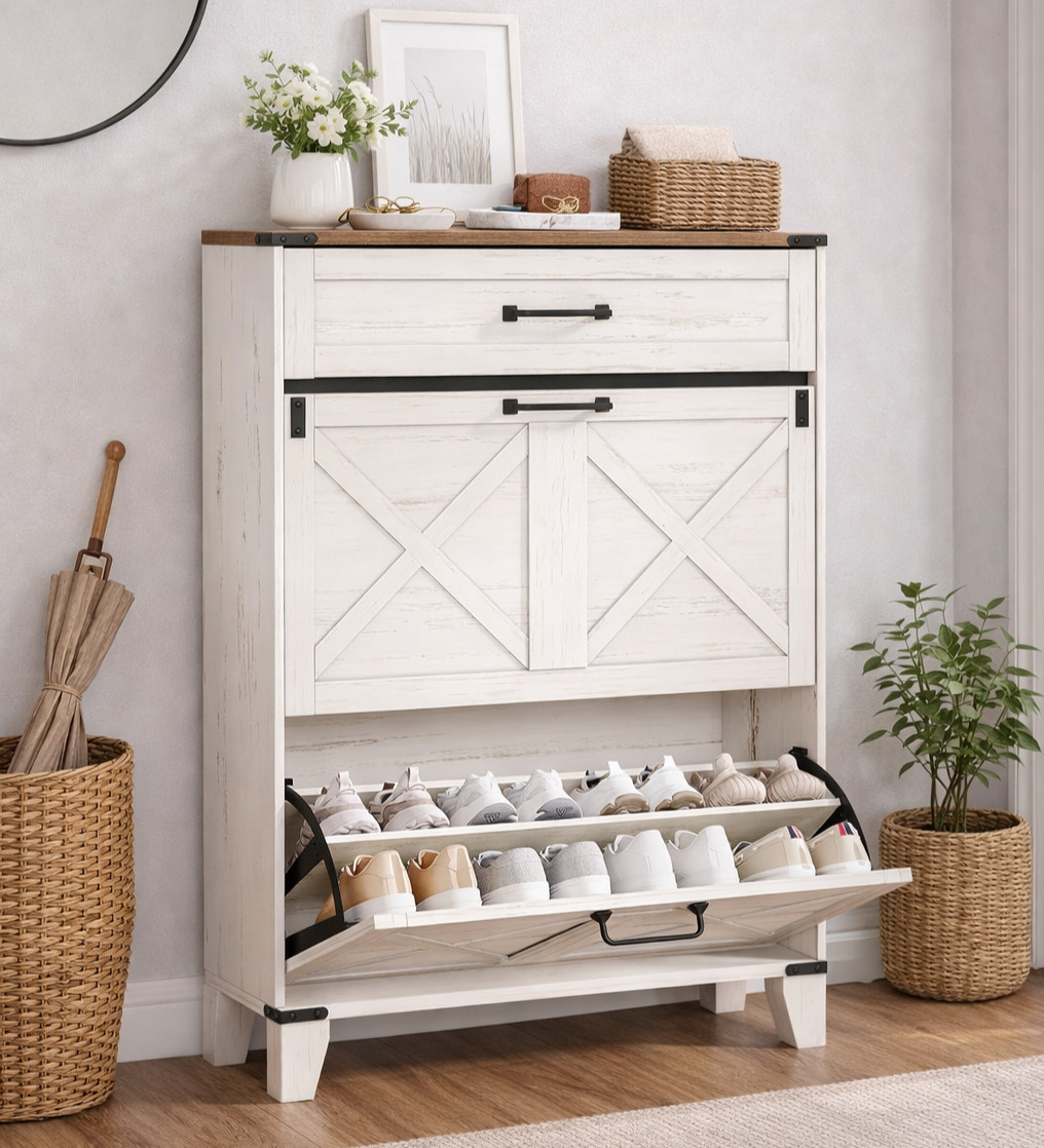 Shoe Cabinet Flip Drawer Farmhouse Storage Unit Adjustable Divider Slim Hallway