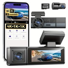 AZDOME 3 Channel Dash Camera 4K Wi-Fi Parking Mode Front Cabin Rear 64GB SD Card
