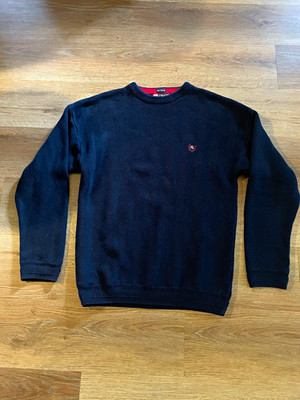 Chaps Ralph Lauren Navy Herringbone Knit Y2K Grandpa Logo Sweater Men's M