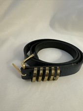 Vintage 1970s Navy Vinyl Skinny Belt Brass Look Buckle Small 32.5 in