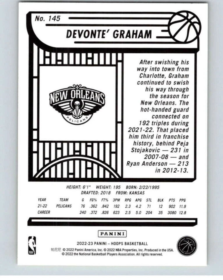 2022-23 Panini NBA Hoops Yellow #145 Devonte' Graham Pelicans V85776 - Image 2 of 3