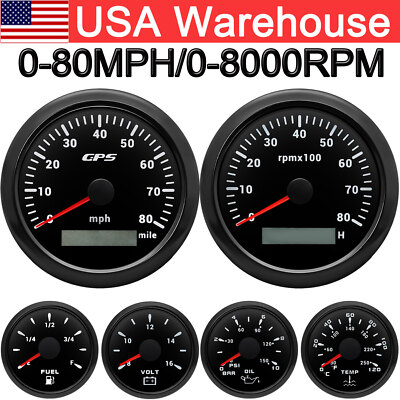 6 Gauge Set 85mm GPS Speedometer 80MPH Tacho 52mm Fuel Temp Oil Pressure Volt US