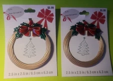 2  Christmas Photo Picture Frame Ornament Gold Wreath with Red Bow & Holly 