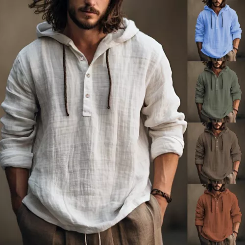 Men's Cotton Linen Hoodies Drawstring Button Hooded Swaeatshirts T Shirts Tops - Bild 2 von 41