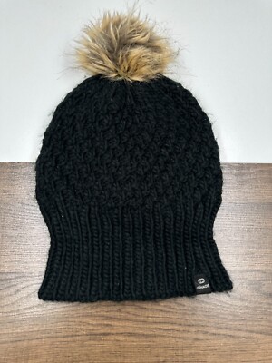 Womens Chaos Black Fleece Lined Beanie Fur Pom Hat One Size Knit Watch Cap 
