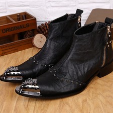 Men's Leather Western Boot Retro Metal Ankle Boots Pointed Toe Side Zipper Black