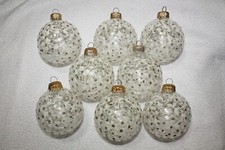 Swirl White Sparkly with Gold Accent Clear Glass Bauble Ornaments - Set of 8