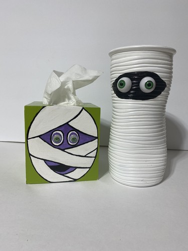Halloween Mumiendekorationen gruselig handgefertigt Holzstoffhalter & Keramikvase