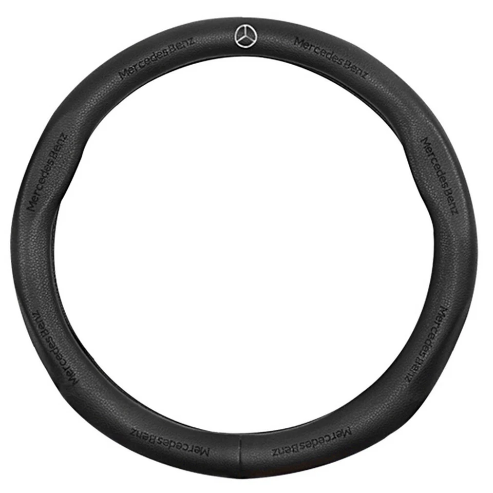 Black 38cm/15inch Pinhole Steering Wheel Cover For Mercedes-Benz Genuine Leather Foto 2 de 4