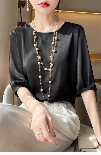 Women's Summer Round Neck Silk T-shirt Half Sleeved Shirt Loose Bottomed Top - Picture 9 of 22