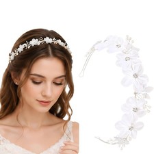 Tulle Flower Headpiece Pearl Silver Wedding Hair Headbands, Girls Crown for F...