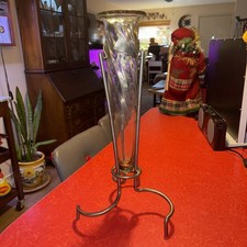 VTG Art Glass Flower Bud Vase Wrought Iron Stand MCM Home Decor 19" Tall Sturdy