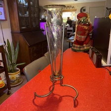 VTG Art Glass Flower Bud Vase Wrought Iron Stand MCM Home Decor 19" Tall Sturdy