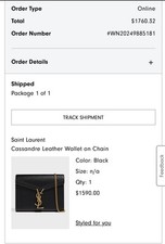 Saint Laurent YSL Cassandre Envelope Wallet On Chain Black Grain Leather, Gold