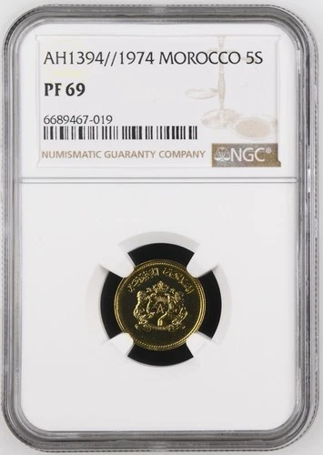 AH1394 1974 MOROCCO 5S Santimat Centimes Copper-aluminium-nickel NGC PF 69