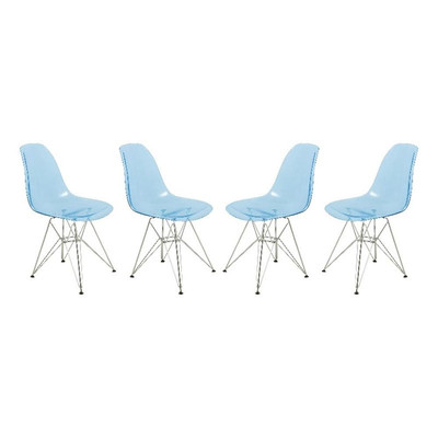 LeisureMod Cresco Eiffel Base Dining Side Chair Set of 4 in Transparent Blue