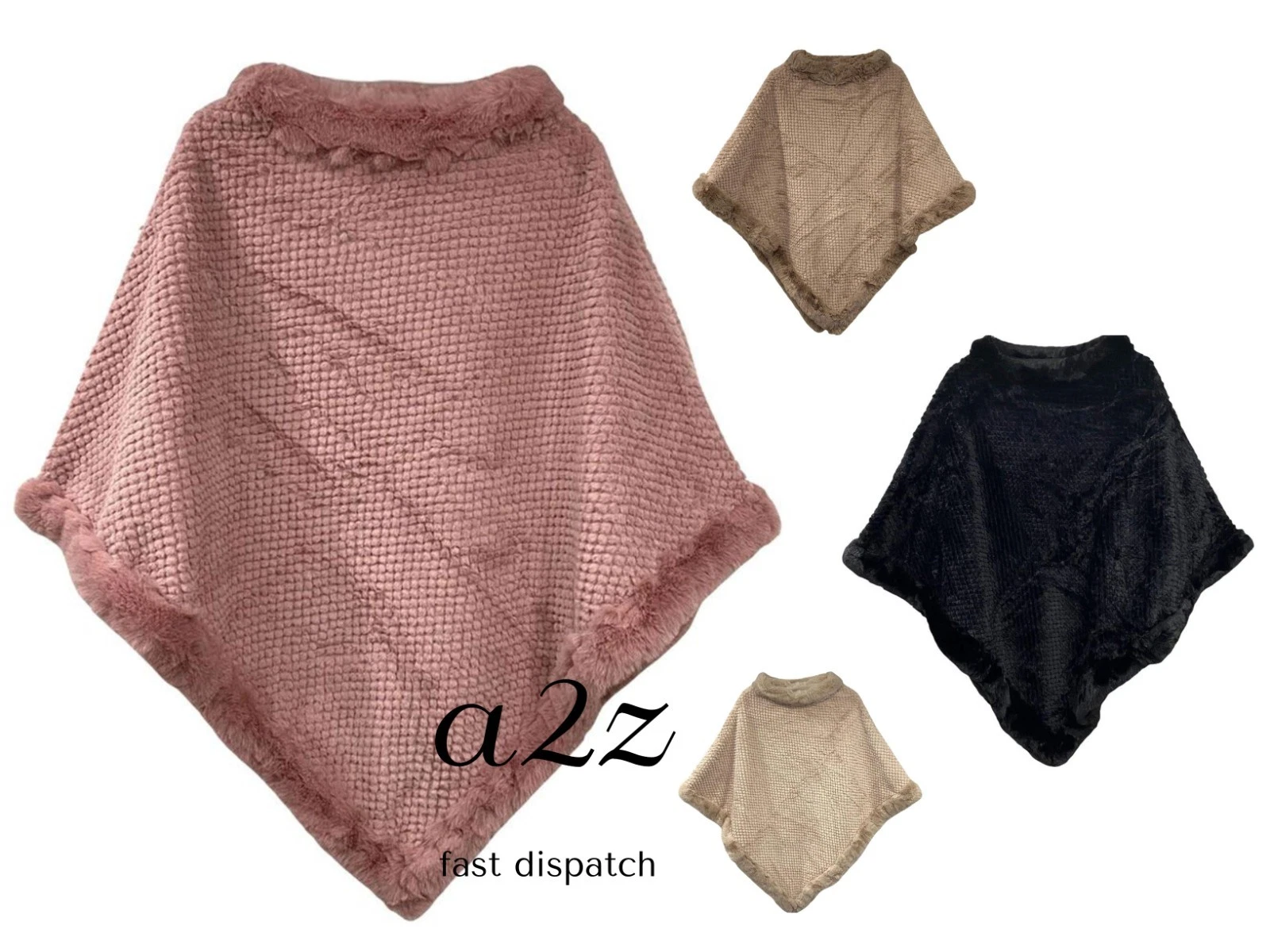 Women's Winter Poncho Faux Fur Trim Collar Warm Soft Ladies Cape Shawl Wrap NEW