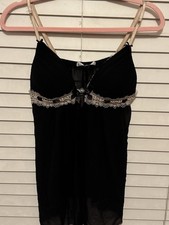 Linea Donatella Black Beige Lace Bow Chiffon Chemise babydoll Adjustable Straps